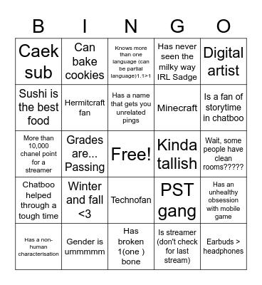 False card Bingo Card