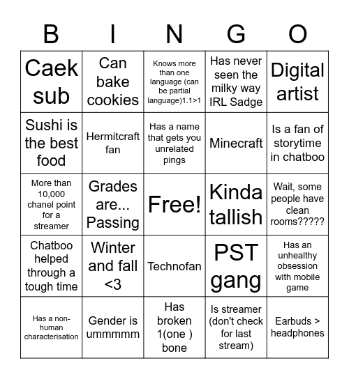 False card Bingo Card