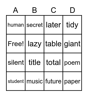Memory Words Lesson 6-10 Bingo Card