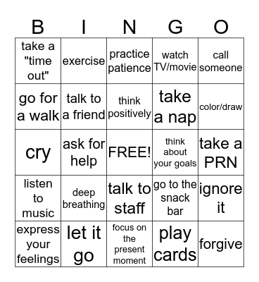 Coping Skills Bingo Card