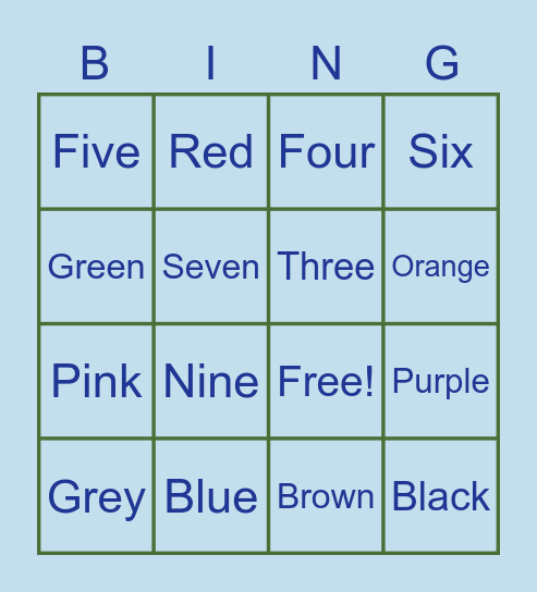 Colors and numbers Bingo Card