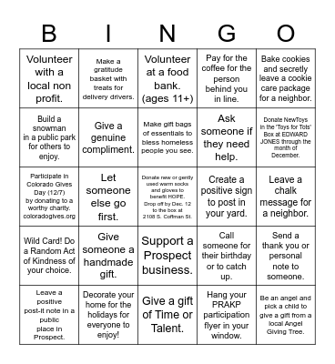 Prospect Random Acts of Kindness Project Bingo Card