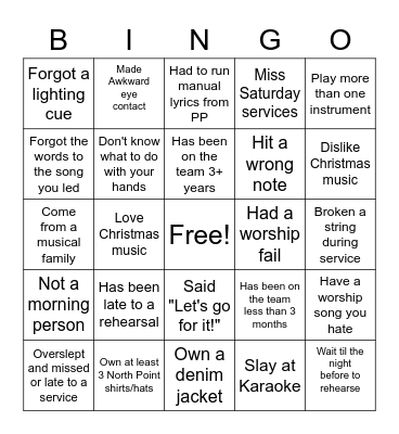 Worship/Production Team Bingo Card