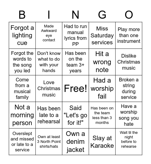 Worship/Production Team Bingo Card