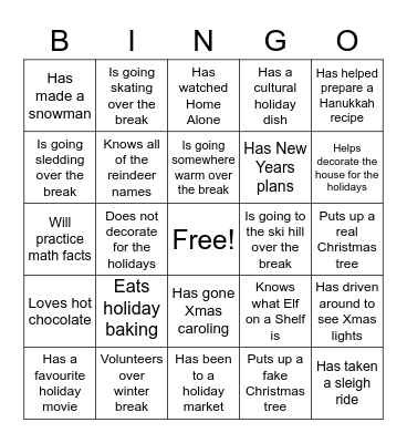 Winter Break Bingo Card