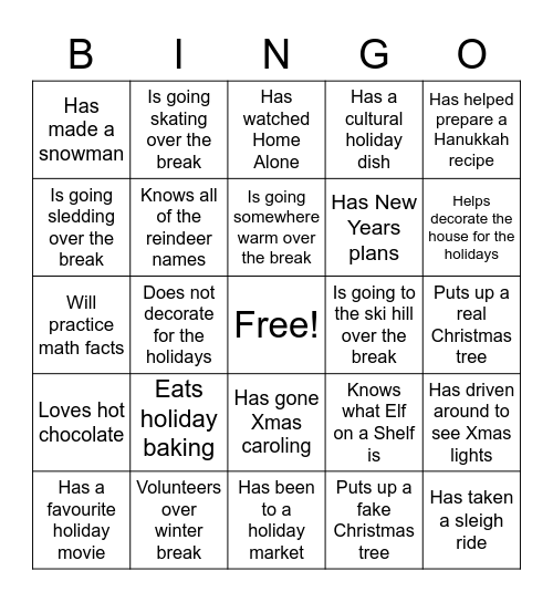 Winter Break Bingo Card