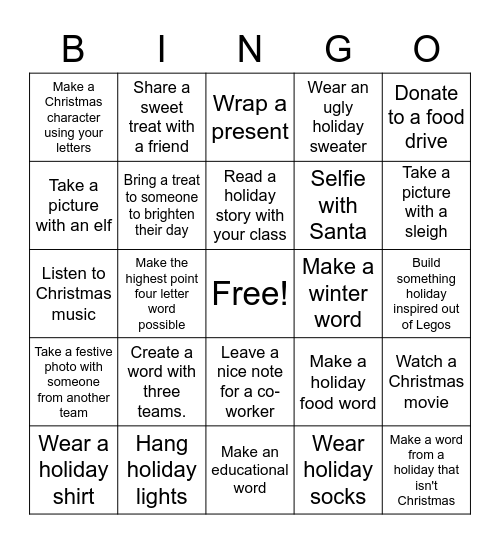 Holiday Scrabble Bingo Card