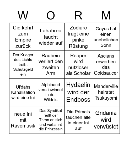 Worms Bingo Card