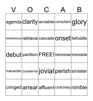 vocabulary  Bingo Card