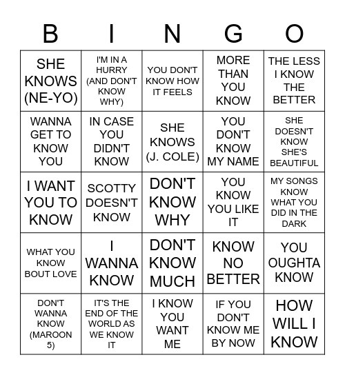 KNOW Bingo Card