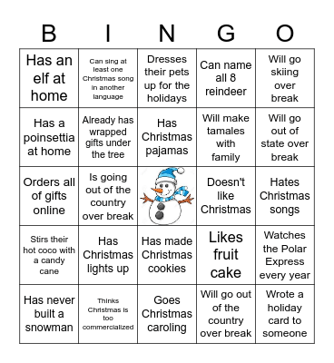 Holiday Fun Bingo Card