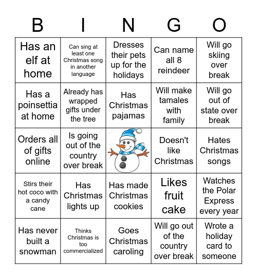 Holiday Fun Bingo Card