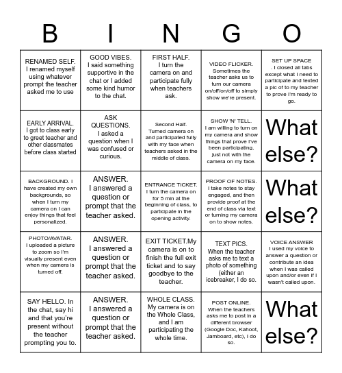 Gretchen's Sample Participation Bingo Card
