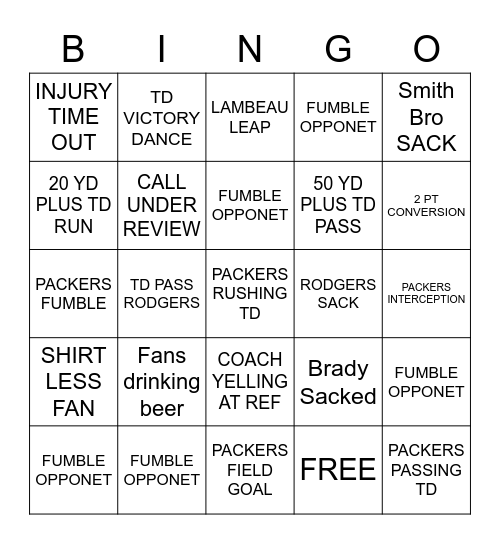 Green Bay Packers Bingo Card