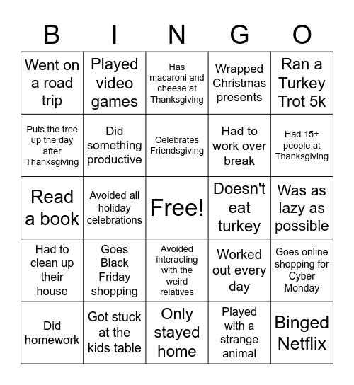 Thanksgiving Break: Find Someone Who... Bingo Card