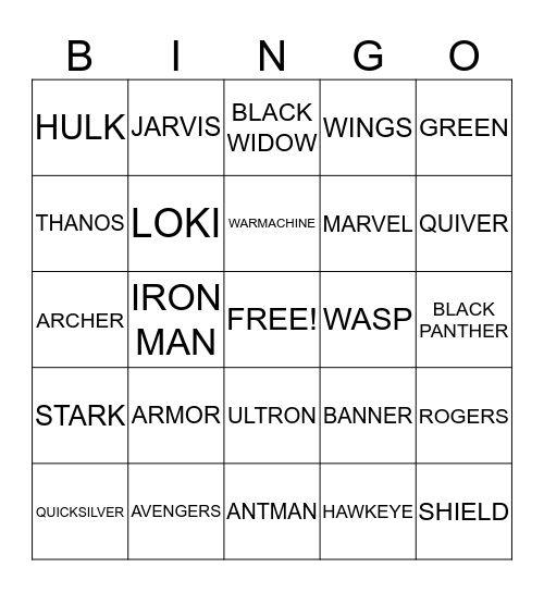 AVENGERS Bingo Card