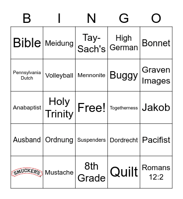 Amish Bingo Card
