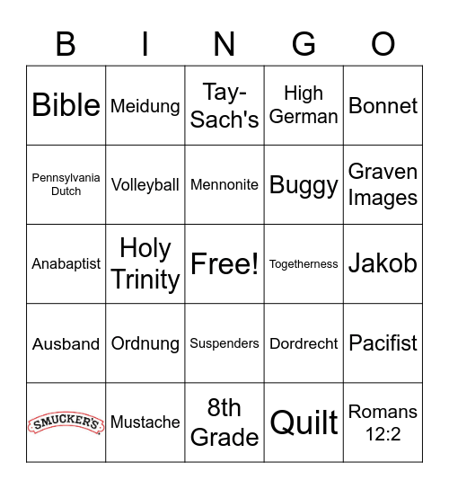 Amish Bingo Card