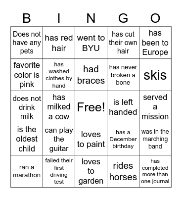Relief Society Bingo Card