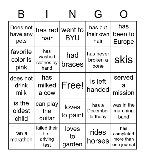 Relief Society Bingo Card