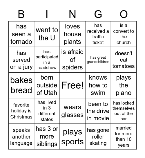 Relief Society Bingo Card