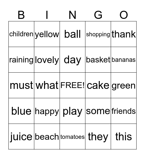 sight words Bingo Card