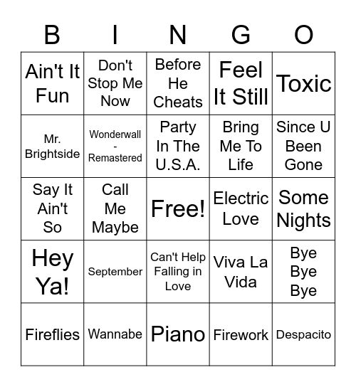 Guess the Song Bingo Card