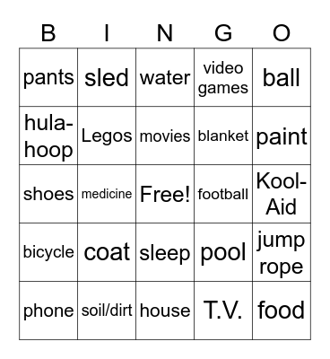 Needs and Wants Bingo Card