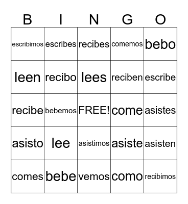 -ER   -IR VERBS Bingo Card