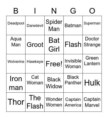 Super Hero Bingo Card