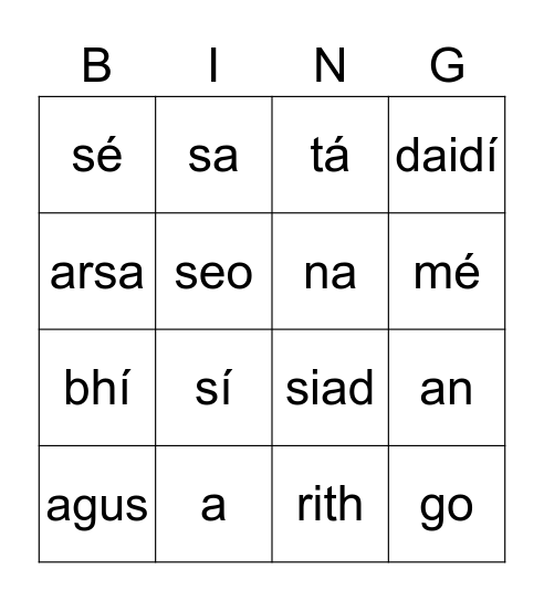 Focail 1-20 Bingo Card