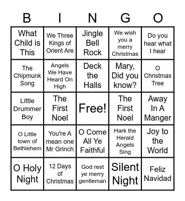 Christmas Carol Bingo Card