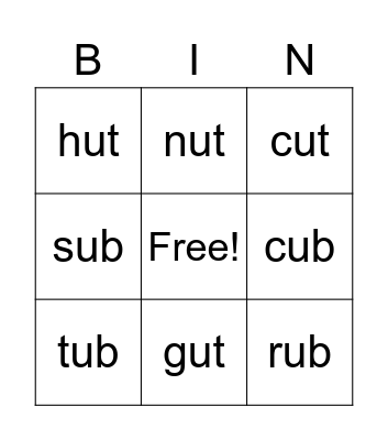 Phonics: 'ub' and 'ut' Bingo Card