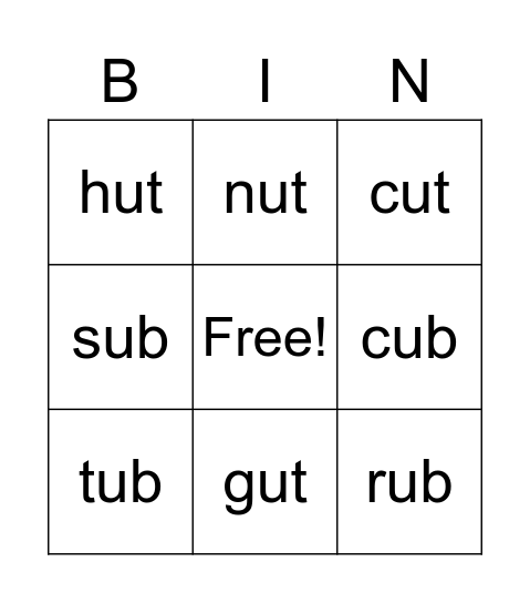 Phonics: 'ub' and 'ut' Bingo Card