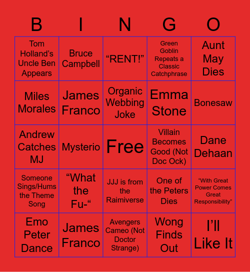 Spider-Man: NWH Bingo Card