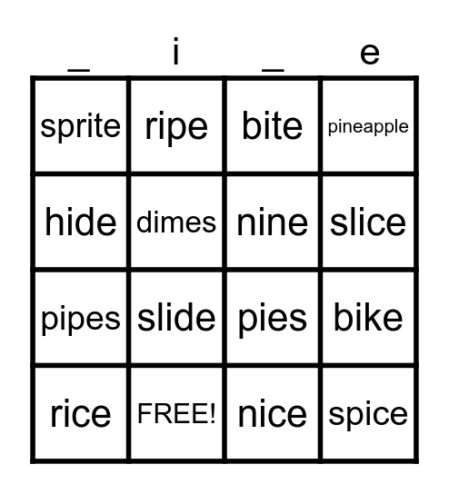 i_e words Bingo Card