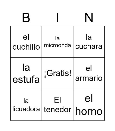 La Cocina / The kitchen Bingo Card