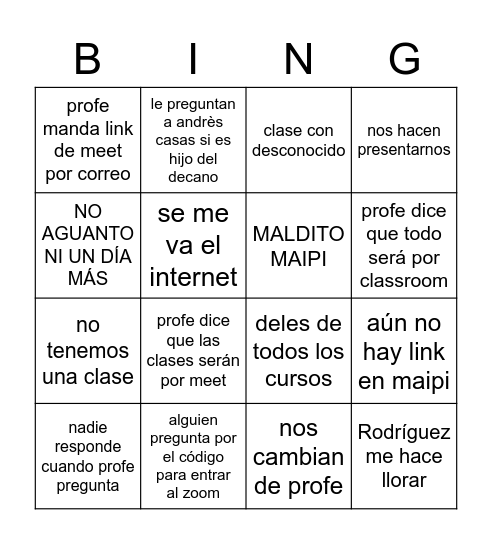 PRIMER DÍA DE CLASES Bingo Card
