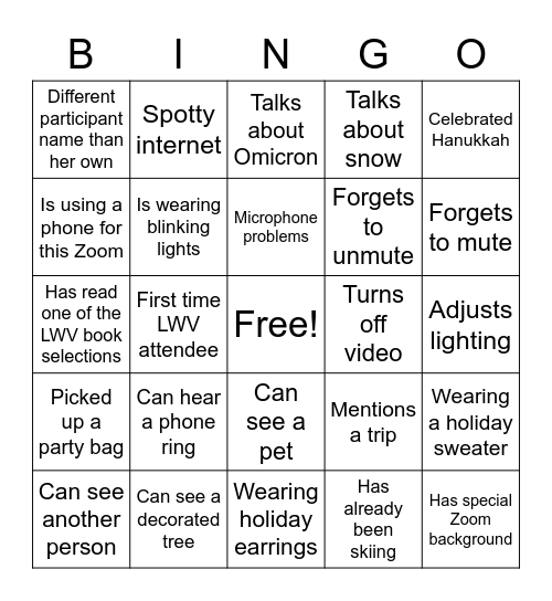 LWVNM Holiday Zoom Party Bingo Card