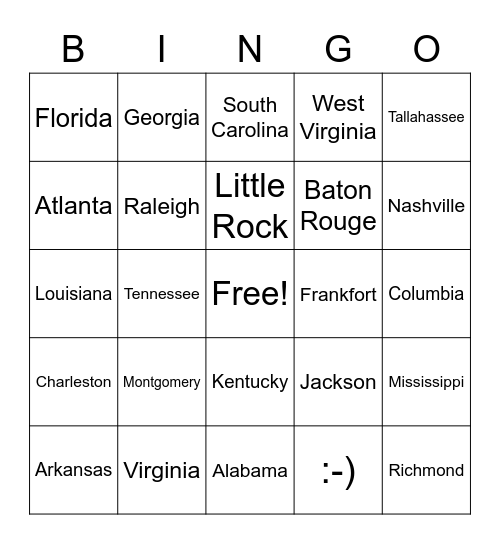 Southeast US States and Capitals Bingo Card