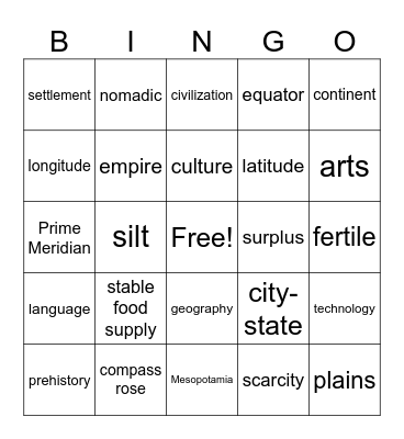 Mesopotamia/Civilization Bingo Card