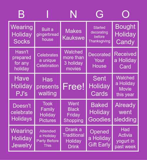 OD Holiday Bingo Card