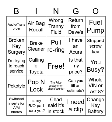 Parts Dept. Bingo! Bingo Card