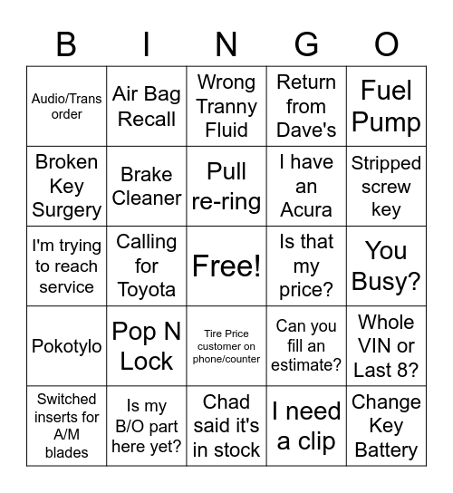 Parts Dept. Bingo! Bingo Card