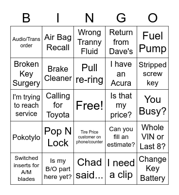 Parts Dept. Bingo! Bingo Card