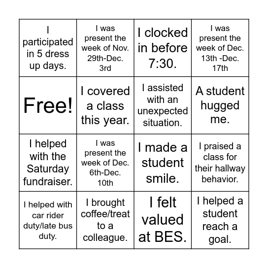 Avery's BES BINGO Card