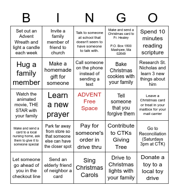CTK PARISH ADVENT FAMILY BINGO CHALLENGE Bingo Card
