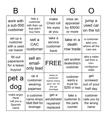 Sales Floor Bingo Card