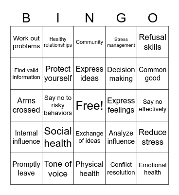 Developing other health skills Bingo Card