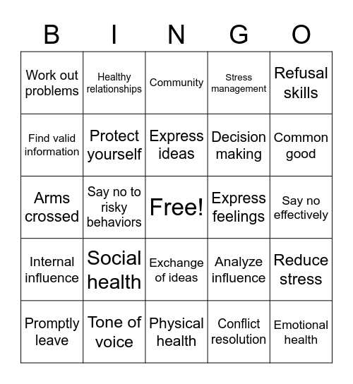 Developing other health skills Bingo Card